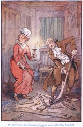 Mr. Larry hackte die Schuhmacherbank in Stücke, während Miss Pross die Kerze hielt